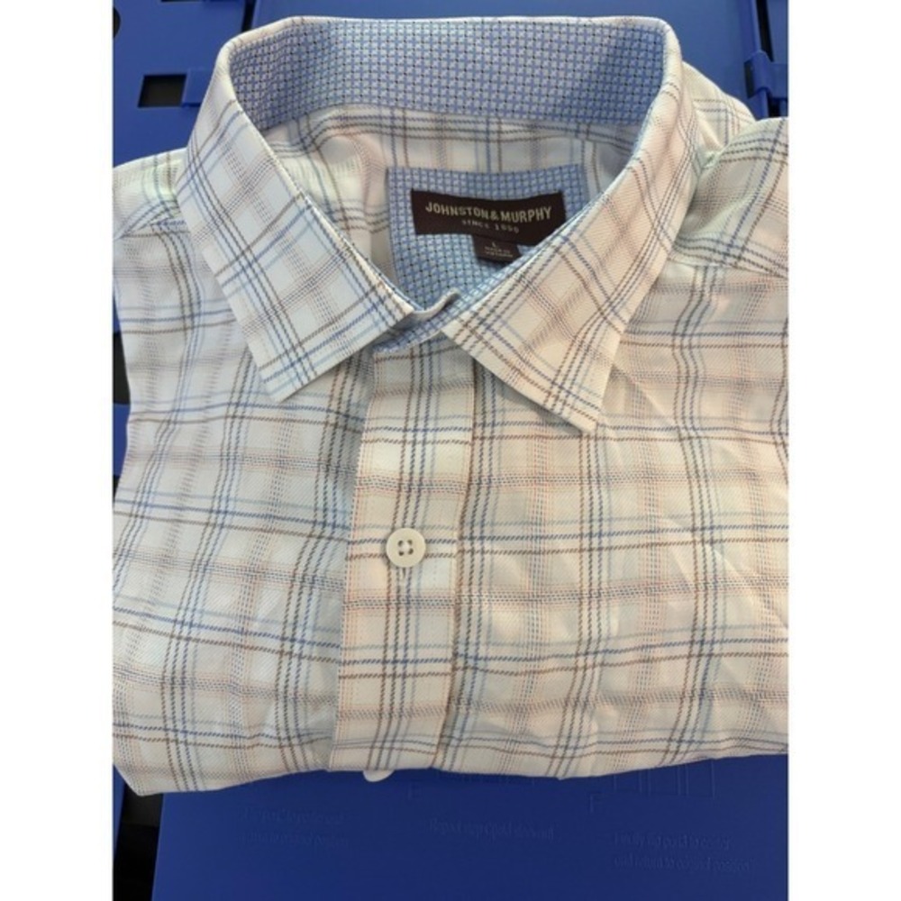 Johnston & Murphy Mens Large Blue Tan Plaid Long Sleeve Button Down Shirt L